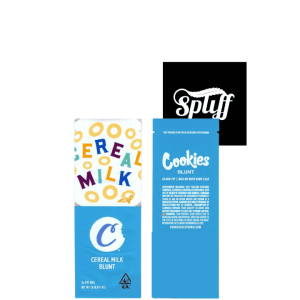 Dispensary display with cereal milk and cookies blunt packaging.