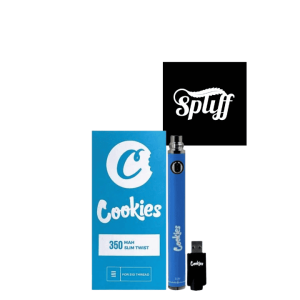 Blue Cookies vape pen with packaging and USB charger at Dispensary.