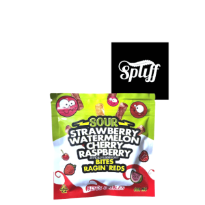 Sour fruit gummies with strawberry, watermelon, cherry, and raspberry flavors at Spliff Nation Dispensary.