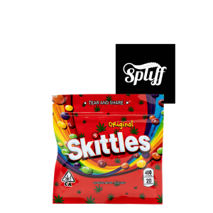 Skittles-themed cannabis edibles package at Dispensary.