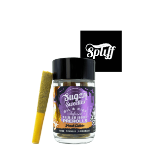 Close-up of Sugar Sweeties pre-rolls with cannabis oil and kief, in front of Spliff Nation Dispensary logo.