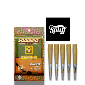 Pre-roll joints with cannabis at Spliff Nation Dispensary, featuring branded packaging and five roll.